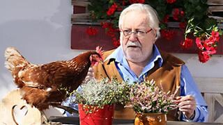 Hermann sitzt draußen an einem Tisch, darauf Blumen und ein Huhn