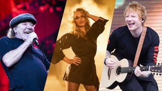Von links nach rechts: Eine Collage mit Sänger Brian Johnson von ACDC, Sängerin Kylie Minogue und Ed Sheeran