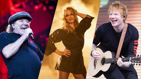 Von links nach rechts: Eine Collage mit Sänger Brian Johnson von ACDC, Sängerin Kylie Minogue und Ed Sheeran