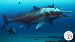 Das Bild zeigt die Computer·zeichnung von einem Fisch·saurier. Forscher vermuten: So hat der Fisch·saurier ausgesehen. Rechts das SWR Logo für Leichte Sprache.