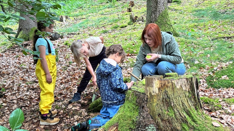 Referendarin Laura Krauß ist mit den Schülern der Grundschule Mackenbach im Wald. 