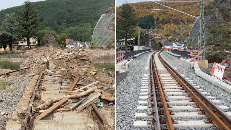 Die Bahn-Brücke in Altenahr-Kreuzberg im August 2021 und im Oktober 2025.