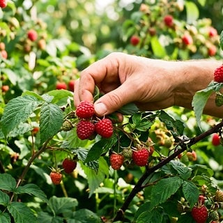 Himmbeeren werden von Strauch gepflückt