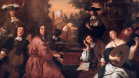 Gemälde Buxtehude - Allegorie auf die Freunschaft zwischen Buxtehude (mit Notenblatt) und dem Hamburger Amtskollegen aus St. Katharinen, Johann Adam Reincken (am Cembalo) und Johann Theile. 1674 von Johannes Voorhout.