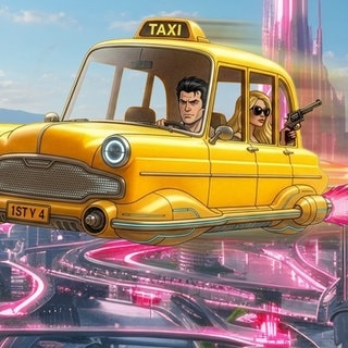 Ein fliegendes Shuttle sieht aus wie ein Taxi aus den 1960er-Jahren, hat aber keine Räder sondern ein Triebwerk. In dem Taxi sitzen ein Fahrer und dahinter eine Frau mit Sonnenbrille, die eine Pistole aus dem Fenster hält. Sie fliegen über einer futuristischen Stadt und werden von zwei kleineren Flugshuttles verfolgt. 