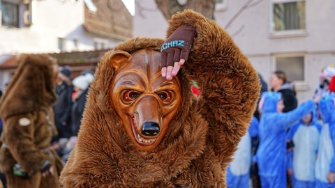 Ein Narr als Bär maskiert läuft zur Fastnacht beim Umzug in Tübingen-Hirschau mit. Dort waren nur Tiermasken erwünscht.