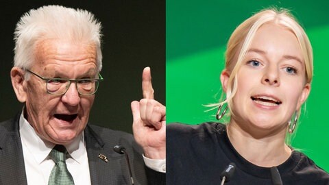 Mit einem Anti-Polizei-Pullover auf Instagram löste Jette Nietzard, Chefin der Grünen Jugend (rechts), einen Eklat aus. Das sagt BW-Ministerpräsident Winfried Kretschmann dazu (links).