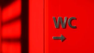 Hinweisschild zur Toilette auf rotem Untergrund: Das Thema Reizblase tritt typischerweise nach der letzten Regelblutung auf – in der Phase, in der der Östrogenspiegel ganz niedrig ist. Von Anneliese Schwenkhagen