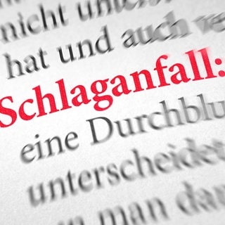 Das Wort "Schlaganfall" in roter Schrift, hervorgehoben in einem Text zur Definition des Schlaganfalls: Der Schlaganfall zählt zu den häufigsten Todesursachen und ist die häufigste Ursache für bleibende Behinderungen. 