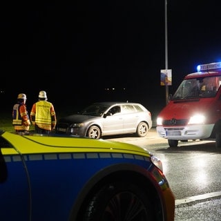 Ein Polizeiauto und ein Fahrzeug der Feuerwehr stehen am Unfallort.