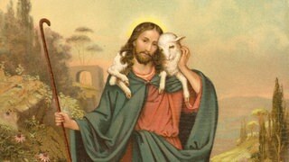 Jesus Christus als der gute Hirte ist ein zentrales biblisches Bild für seine Rolle als fürsorglicher Beschützer. Im Psalm 23 heißt es: "Der Herr ist mein Hirte, mir wird nichts mangeln." (Reproduktion einer Vorlage aus dem 19. Jahrhundert)