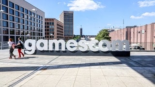 Das Gamescom-Logo auf dem Messegelände.