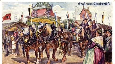 M. Krombach: Ansicht vom Oktoberfest, Karren mit Pferden und Fässern (Grafik um 1935)