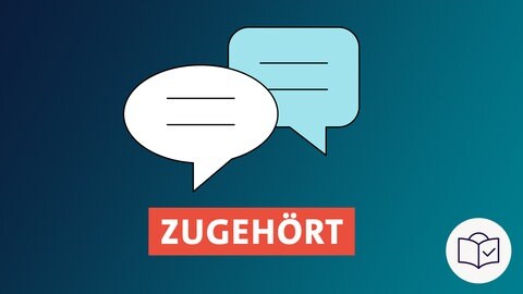 Das Bild ist eine Zeichnung. Das Thema ist: „Zugehört – die Serie zur Kommunal•wahl“. Der Hintergrund ist dunkel•blau. Man sieht eine hell•blaue und eine weiße Sprech•blase. Und dazu in weißer Schrift auf einen roten Balken das Wort zugehört.  Dazu: Das SWR-Zeichen für Leichte Sprache. Es ist ein weißer Kreis. Darin ist eine blaue Zeichnung: Ein Kopf hinter einem Buch. Auf dem Buch ist ein Häkchen. 