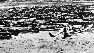 Leichen im KZ Bergen-Belsen: Das Konzentrationslager Bergen-Belsen wurde am 15. April 1945 durch britische Truppen befreit. Die Soldaten fanden Tausende unbestattete Leichen und Zehntausende todkranke Menschen vor.