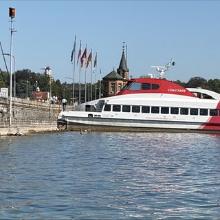 Kollidierter Katamaran an Hafenmauer im Konstanzer Hafen
