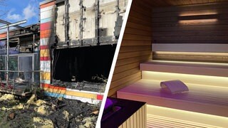 Die Sauna im Hallenbad in Öhringen (Montage). Sie war im Februar 2024 abgebrannt.