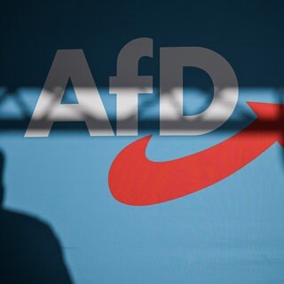 Ein Redner wirft einen Schatten auf die Bühnenrückwand mit AfD-Schriftzug auf einer Veranstaltung.