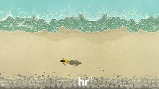 Grafik zum Hörspiel "Windstärke 17", Blick aus der Möwenperspektive auf eine Frau am Strand