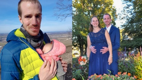 Alex hält ein halbes Jahr nach seinem Absturz mit dem Segelflieger seine neugeborene Tochter Lotta im Arm (links). Das Hochzeitsfoto (rechts) zeigt: Alex ist soweit genesen, dass er mit Christie gemeinsam zum Traualter laufen konnte. SWR1 Neuanfang: Alex überlebt den Absturz mit dem Segelflieger – die Sehnsucht nach Höhe und Weite bleibt