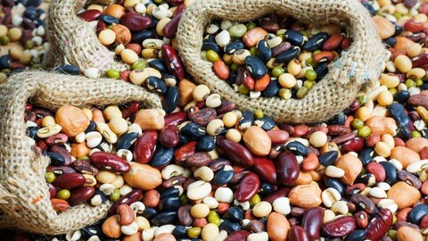 Verschiedene Hülsenfrüchte wie Bohnen, Kichererbsen, Linsen liegen auf einem Haufen. So gesund sind Hülsenfrüchte und das hilft gegen Blähungen.