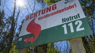 Ein Schild mit der Aufschrift «Achtung Waldbrandgefahr! Notruf 112» steht in einem Wald. 