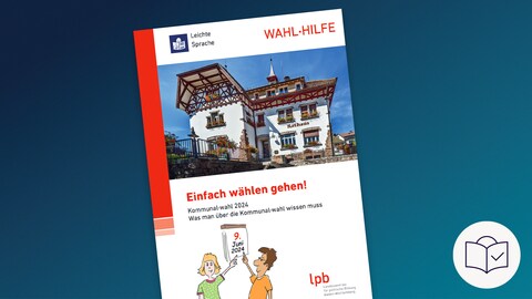 Zeichnung: In der Mitte ist das Thema „Das Thema heißt: Eine Broschüre beantwortet Fragen zur Wahl“. Man sieht das Foto der Broschüre „Einfach wählen gehen! Dazu gibt es noch das SWR-Zeichen für Wahlen: Eine Hand steckt einen Wahl•zettel in eine Wahl•box. ahlen. Und es gibt das SWR-Zeichen für Wahlen in Baden-Württemberg: Es ist ein roter Kasten. Darin ist ein weißer Kreis mit einem Kreuz darin. Daneben stehen die Buchstaben BW. BW ist die Abkürzung für Baden-Württemberg.  Und es gibt das SWR-Zeichen für Leichte Sprache: Es ist ein weißer Kreis mit blauer Zeichnung. Darin ist ein Kopf hinter einem Buch. Auf dem Buch ist ein Häkchen.