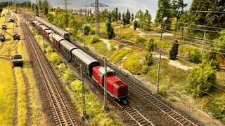 Die V100 ist mit einem gemischten Güterzug auf der Hauptstrecke in Richtung Bremburg unterwegs. 