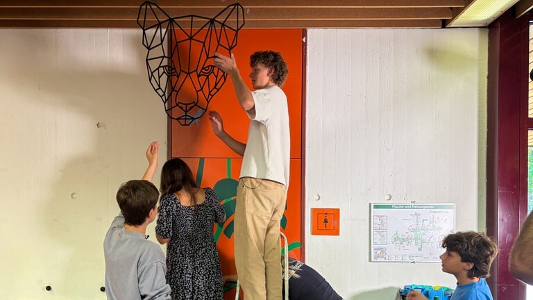 Schüler bringen über der Klotür einen gedruckten Pantherkopf an. Schüler des Carlo-Schmid-Gymnasiums in Tübingen übernehmen die Gestaltung ihrer Schultioletten selbst.