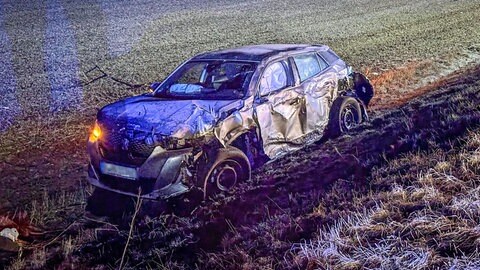 Ein demoliertes Auto steht am Straßenrand: Auf der Rheinhessenstraße in Mainz ist ein Aoto von der Fahrbahn abgekommen und gegen einen Baum geprallt.