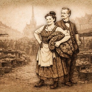 Zwei historisch gekleidete Figuren posieren auf einem belebten Marktplatz einer alten Stadt.