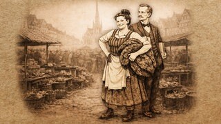 Zwei historisch gekleidete Figuren posieren auf einem belebten Marktplatz einer alten Stadt.