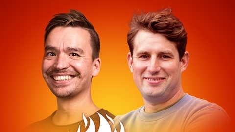 Friedo Scharf und Bob Blume auf dem Podcast-Cover von "Die Schule brennt – Mit Bob Blume"