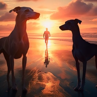 Zwei Hunde stehen am Strand bei Sonnenuntergang, im Hintergrund geht eine Person am Wasser.