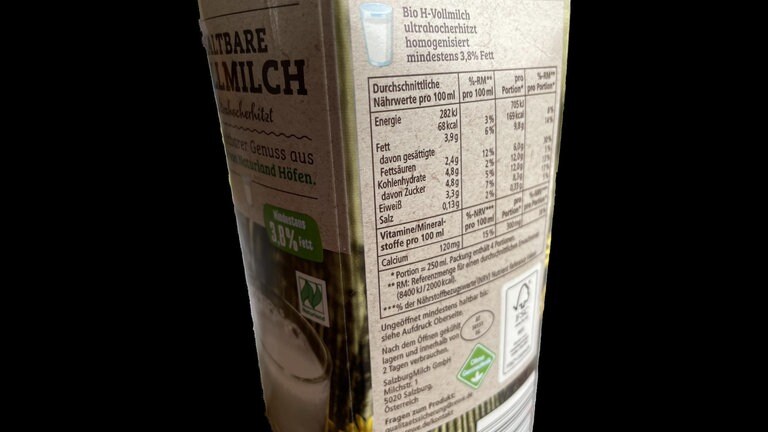 Nährwertangaben auf einer Milchpackung: Durchschnittserwachsene benötigen angeblich 2.000 Kilokalorien täglich. Stoffwechselforscher halten die Maßgabe von 2.000 Kilokalorien pro Tag und Erwachsenen für Unsinn. Trotzdem basieren Nährwertangaben auf Lebensmitteln noch immer auf dieser Vorgabe.