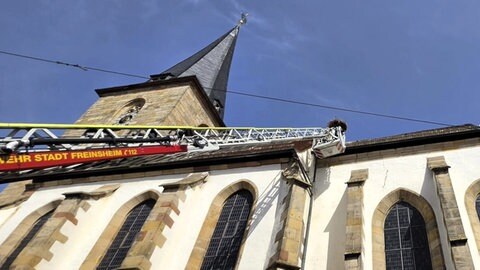 Mit Hilfe einer Drehleiter holte die Feuerwehr das Storchenküken in Freinsheim aus der Dachrinne.