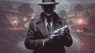 Mit Schirm und blinkender Pistole | Mann im Anzug mit Krawatte und Mantel im Fokus trägt Lederhandschuhe und einen glänzenden Revolver in der Hand. Im Hintergrund eine verregnete Dorflandschaft.