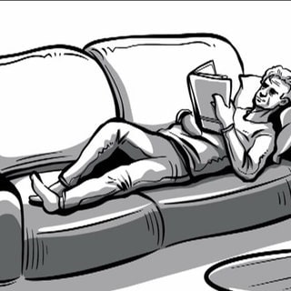 Zeichnung eines Mannes der auf der Couch liegt und ein Buch liest
