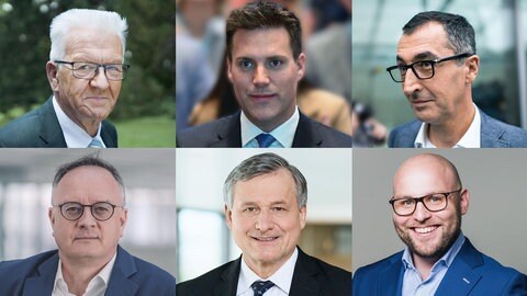 Montage aus Porträts von Politikern, oben: Winfried Kretschmann (Grüne), Manuel Hagel (CDU), Cem Özdemir (Grüne) unten: Andreas Stoch (SPD), Hans-Ulrich Rülke (FDP), Markus Frohnmaier (AfD)