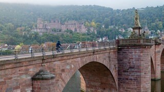 Ein Radfahrer fährt über die Alte Brücke am Neckar. Im Hintergrund ist das Heidelberger Schloss zu sehen (Symbolbild).