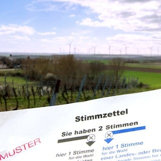 Ein Stimmzettel zur Landtagswahl RLP 2026 vor einer Landschaft in Rheinhessen.