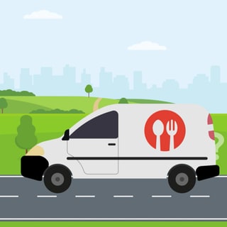 Grafik eines Lieferwagens auf einer Landstraße, mit einem imaginierten Logo einer Essensauslieferungsfirma.