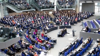 Die Fraktionen der Parteien (von links nach rechts): Die Linke, SPD, Bündnis 90  Die Grünen, CDU und AfD am 25.3.2025 während der konstituierenden Sitzung des 21. Deutschen Bundestages. – Konservativ, rassistisch, extrem: Was ist rechts?