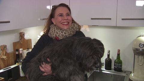 Eine Frau steht in einer Küche. Auf dem Arm hat sie einen Hund. Er ist fast schwarz und ein Tibet-Terrier-Dackelmix. 