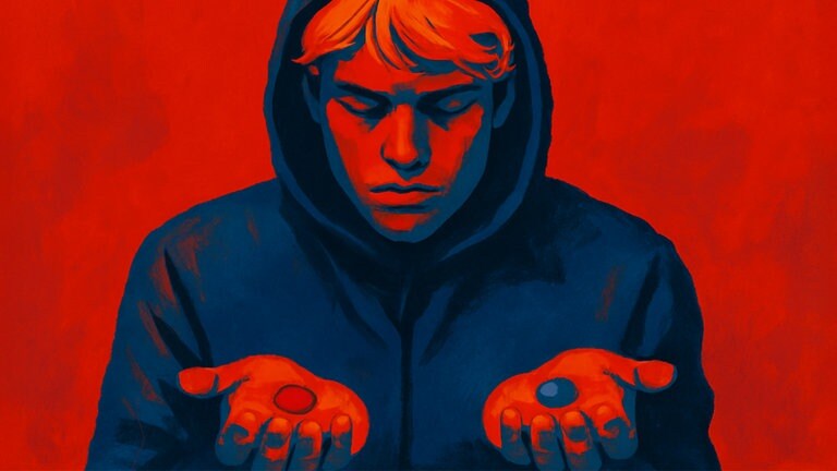 Junger Mann hält in seinen Händen jeweils eine rote und eine blaue Pille. 