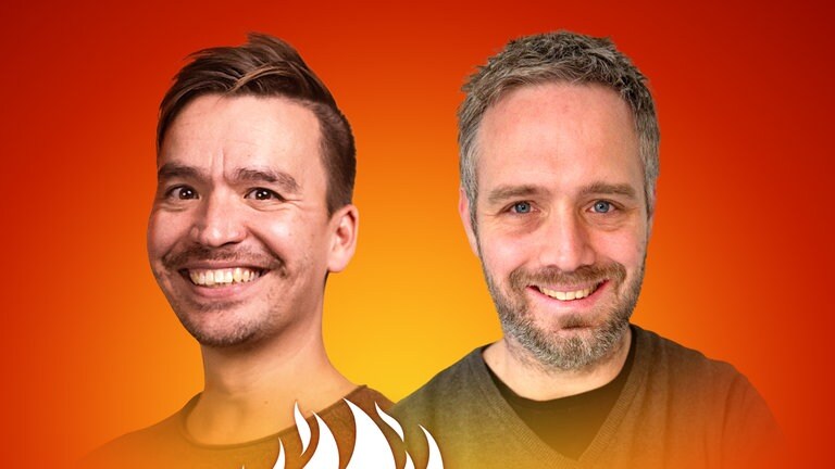 Jonas Wagner und Bob Blume auf dem Podcast-Cover von "Die Schule brennt – Mit Bob Blume"