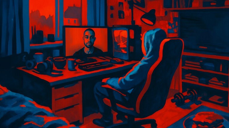 Junger Mann sitzt am Schreibtisch und sieht sich ein Video auf seinem PC an.