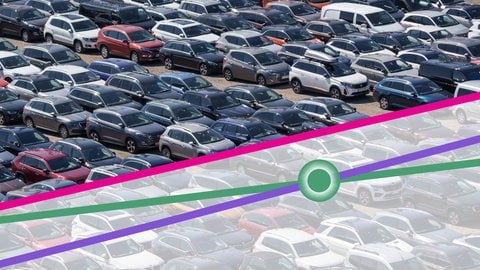 Dicht an dicht stehen zahlreiche Autos auf einem großen Parkplatz