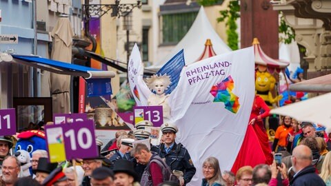 RLP-Tag Neustadt: Eine bunte Parade aus Fuss- und Musikgruppen zieht durch die Innenstadt.