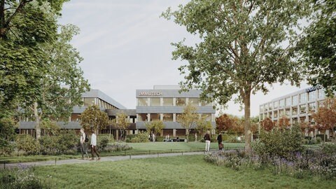 Illustration des neuen Campus mit modernen Gebäuden inmitten von Grün